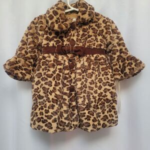 Hanna Lee Plush Faux Fur Coat Leopard Print Plush Lining Bow Detail Size 2 New